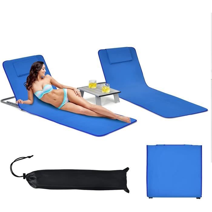 goplus ensemble de 2 chaises de plage avec dossiers réglables à 5 positions,2 tapis de plage avec appuie-têtes,rayure bleu+vert
