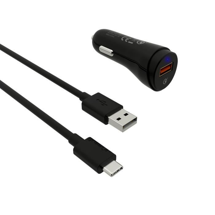 GREEN_E Chargeur voiture qc 3.0 1 USB + Cable type C - 1,3m - Blanc