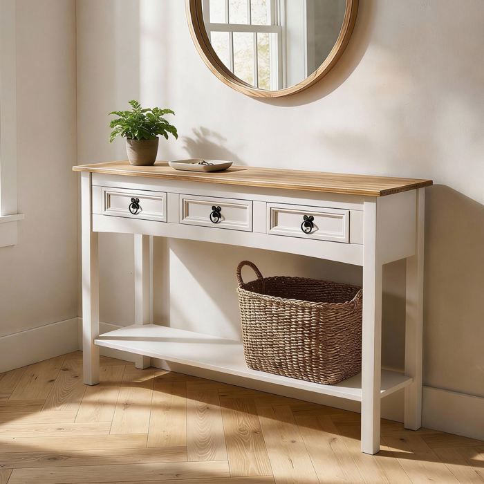 Table console CAMPO table dappoint en pin massif blanc et brun avec 3 tiroirs et 1 étagère meuble dentrée en bois Table console CAMPO table dappoint en pin massif blanc et brun avec 3 tiroirs et 1 étagère meuble dentrée en bois