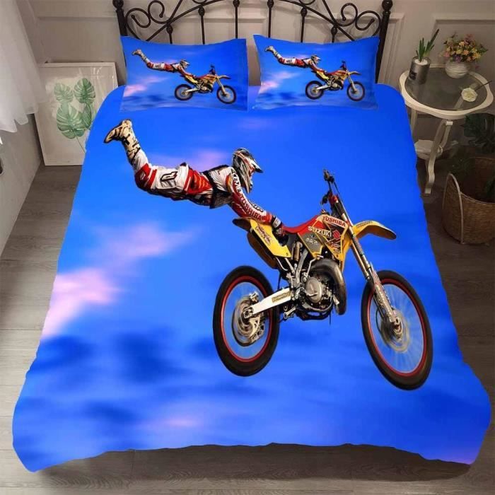 moto cross style parure de couette housse de couette 200 230 cm taie d oreiller qn9 cdiscount maison