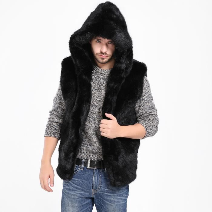 Adan Les Hommes En Fausse Fourrure Gilet Veste Manches Hiver Pour Le Corps Manteau Chaud Avec Capuche Gilet Gilet Noir Xxxl A19164 Noir Achat Vente Gilet Cardigan Cdiscount
