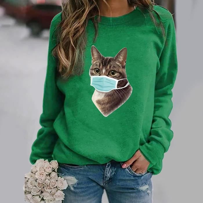 Pull col rond manches longues imprime motif chat masque femme Vert Vert Cdiscount Pret a Porter