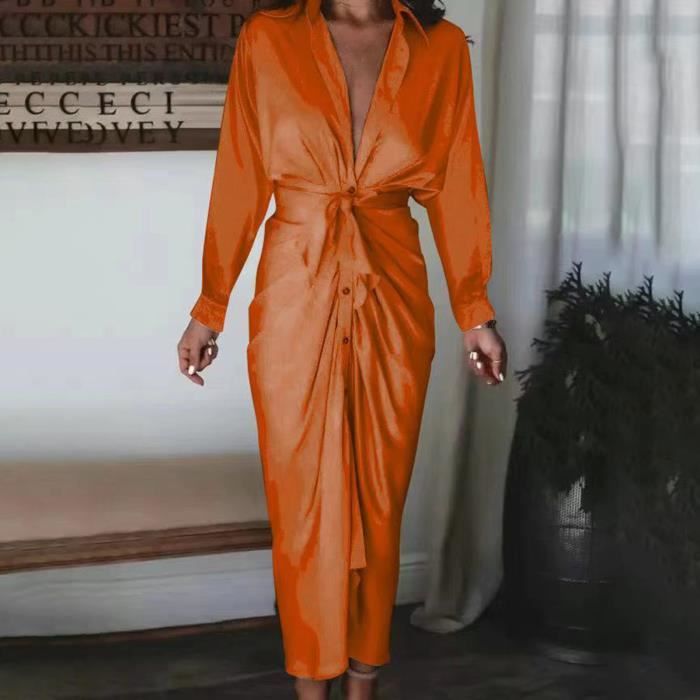 Office Robe ROBE Office Lady Dress Couleur unie Satin Surface Automne Robe chemise ...