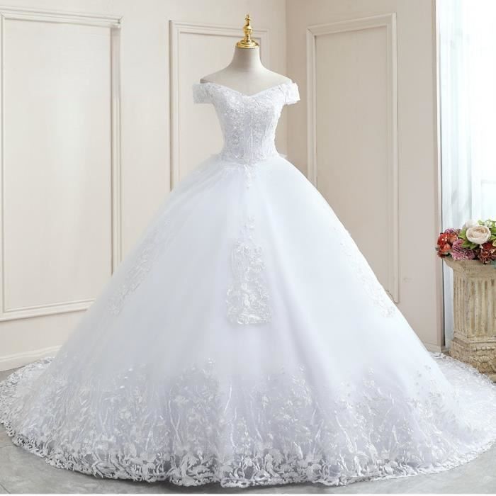 Robe De Mariée De Princesse Avec Traîne Longue Couleur Blanche Pure Avec Des Appliques En