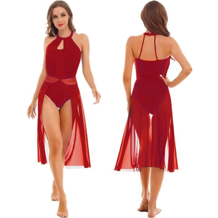 Robe Danse Femme Justaucorps Ballet Contemporain Latin - Volants Strass, Dos Nu Croisé, Jupe Asymétrique
