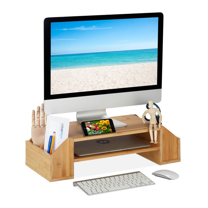 Support De Moniteur Bambou Relaxdays - Rehausseur Écran 7 Compartiments 8,5x60x30cm Naturel