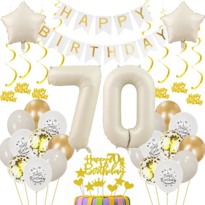 Décoration Anniversaire 70 Ans Vert Or - Ballons, Banderole Joyeux Anniversaire Et Cake Topper - Set Complet Réutilisable