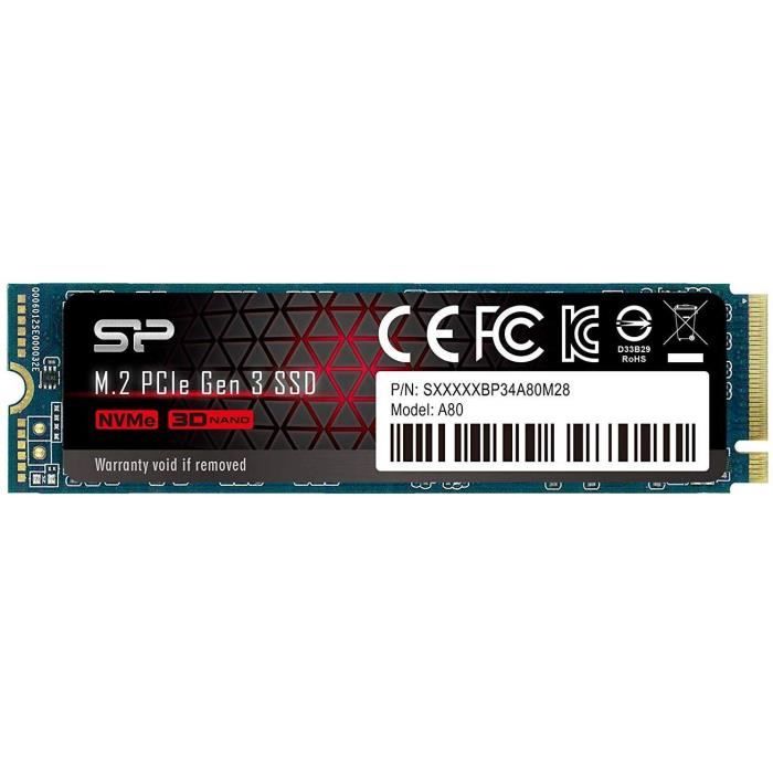 Disque SSD M.2 2280 NVMe PCIe Gen 3x4 , 512Go , Serie P34A80 , Vitesse de lecture 3400 Mo/s - SILICON POWER