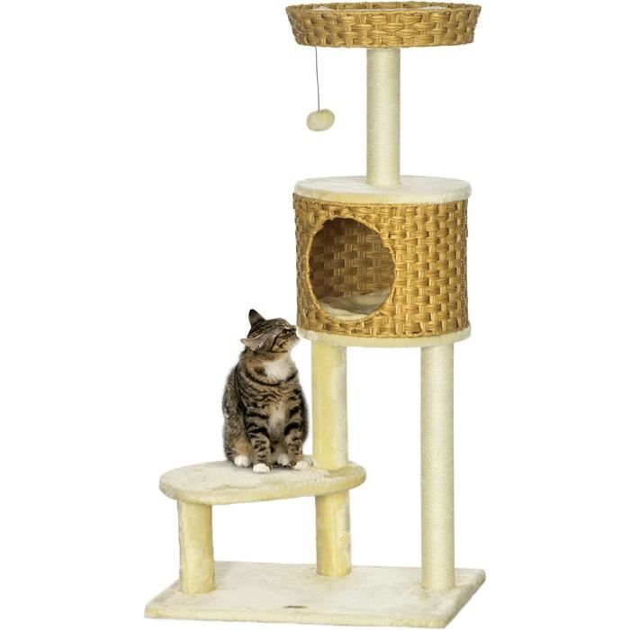 PawHut Arbre à Chat 98 Cm - Tour De Jeux Avec Niche, Lit, Griffoirs Et Feuilles Vert