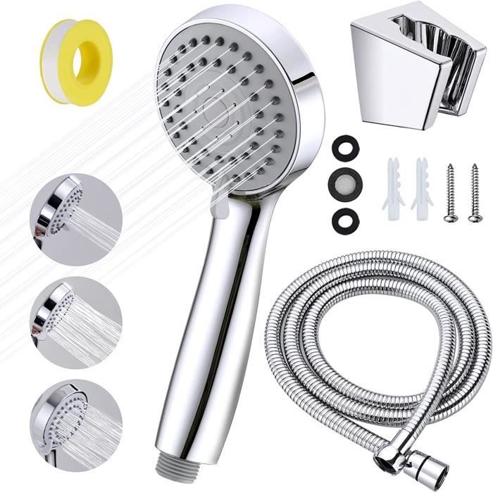 QIWODE Pomme de douche avec tuyau et support fixation universelle 5 modes de pulvérisation réglables pour barre coulissante 19-25 mm diamètre extérieur chromé