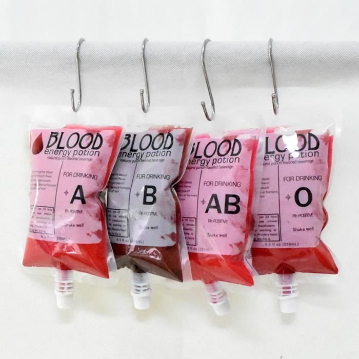 8 Sacs à Boisson Halloween - PVC Alimentaire - 350 Ml - Avec étiquettes Groupe Sanguin - Anti-fuite