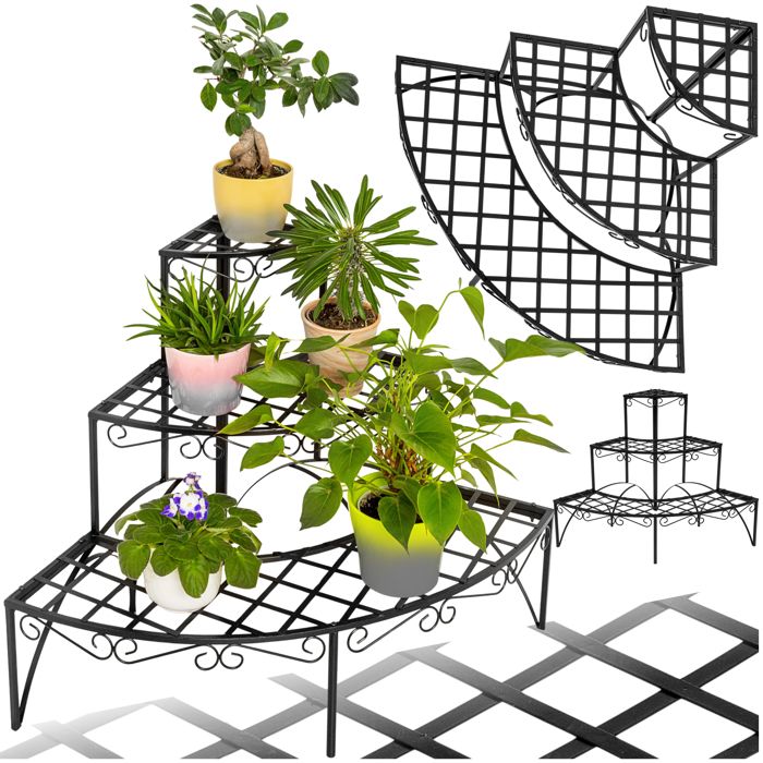 Présentoir pour plantes - TECTAKE - Étagère pour plantes droite AILEEN avec ornements et design en éventail 60 x 60 x 60 cm - Noir