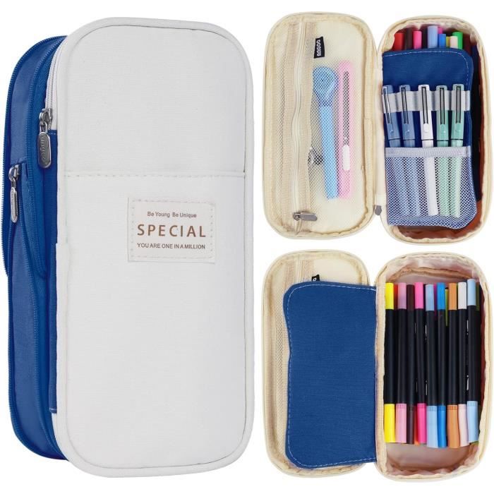 Trousse à Crayons 3 Compartiments Grande Capacité – Compartiment Transparent, Poches Filet – Pour École, Bureau, Organisation (Rose/Bleu)