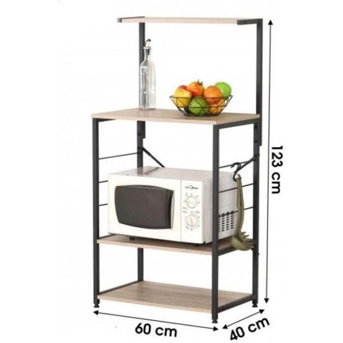 Meuble de Cuisine Pour Micro-ondes , Four Style Industriel COLORADO 4 Etagères 2 Crochets - 60 x 40 x H.123 cm