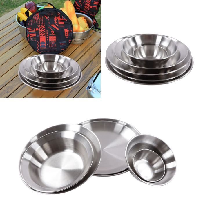 ges - kit de mess complet 12 pcs ensemble de vaisselle de camping en acier inoxydable assiettes de camping bols ensemble avec,portab