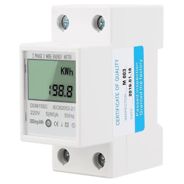 CET - Wattmètre, moniteur,DDM15SC monophasé 2P compteur d'énergie électrique  de type rail multifonction affichage LCD 5-80A,Plastiqu - Cdiscount  Bricolage