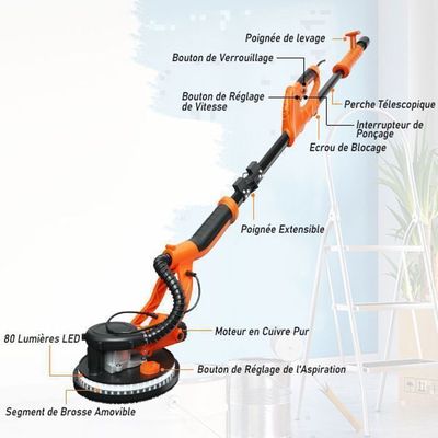 Ponceuse Girafe GOPLUS 750W | Ponceuse Murale Avec Lumière LED, 6 Vitesses, Manche Télescopique