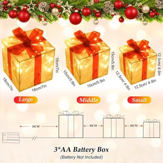 Lot De 3 Boîtes Cadeaux Lumineuses LED Pour Noël - Tailles 20, 15 Et 12 Cm Avec Nœuds Dorés - Décoration Festive Pour Sapin, Cheminée, Mariage - 3
