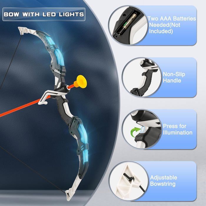 Kit De Tir à L'arc Pour Enfants – 2 Arcs LED, 20 Flèches Ventouses, Cible Sur Pied, 2 Carquois – Jeu Intérieur/extérieur – À Partir De 3 Ans