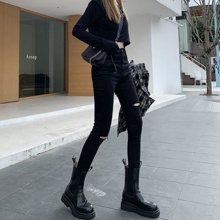 Jeans Jean noir dechire au genou pour femme taille haute pantalon effile pantalon serre automne 905 Full Lenght E Blanc Cdiscount Pret a Porter
