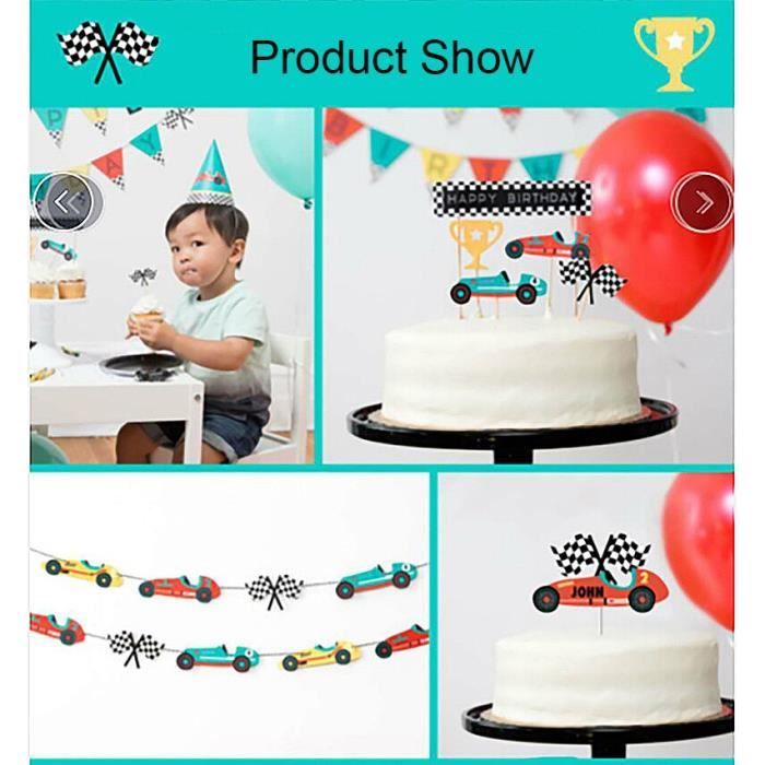 Décorations d'anniversaire de voiture de course, ballons de voiture +  bannières de joyeux anniversaire + gâteaux, ensemble de fournitures de fête  sur le thème de la course pour les garçons enfants