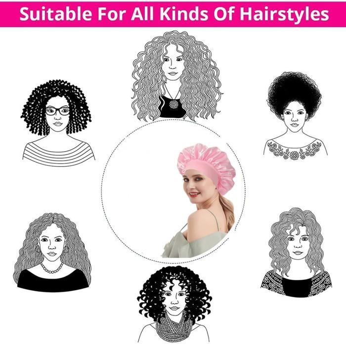 BONNET QUEEN Bonnet Satin Cheveux Nuit, Bonnet De Nuit En Soie Réversible Double Couche Avec Élastique Réglable & Chouchous, Chapeau De Sommeil Femme Cheveux Bouclés, Rose