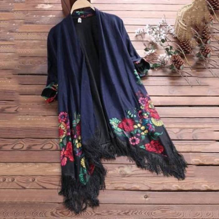Manteau caban pardessus femmes ethniques floral tassel cardigan Funmoon  Bleu - Main Image