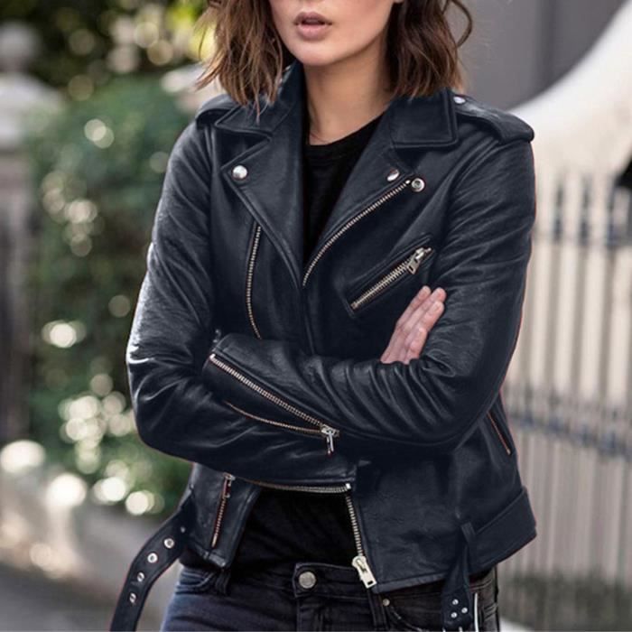 Femmes Faux Cuir Veste Femme Moto Biker Vestes A Manches Longues Zipper Fit En Cuir Manteau Automne Court Dames Veste Noir Cdiscount Pret a Porter