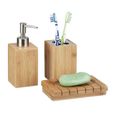 Relaxdays Accessoires salle de bain bambou Set 3 pièces distributeur savon gobelet brosse à dent porte-savon, nature-0