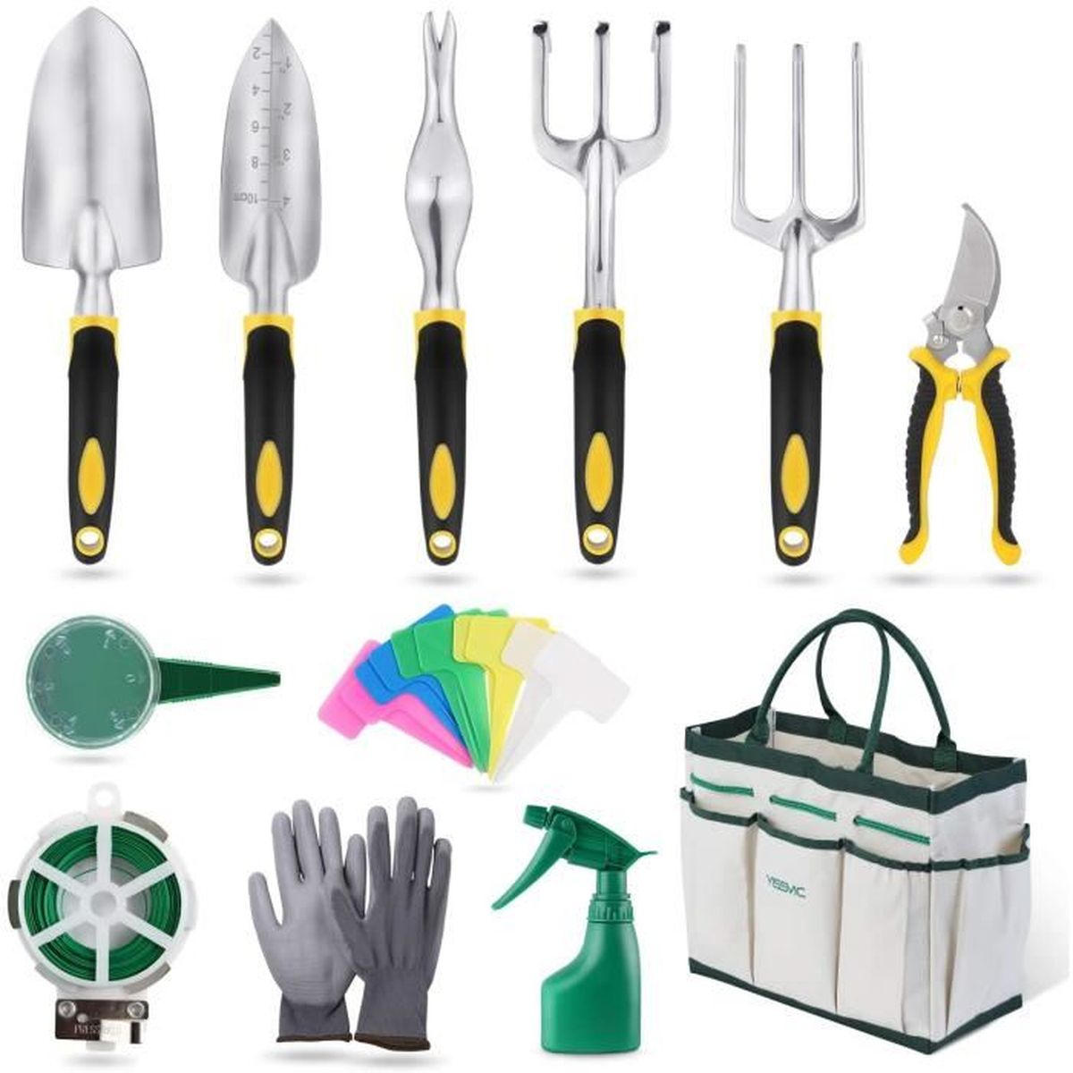 Arrosoir Jaune AUX Outils de Jardinage 11 Pi/èces Outils de Jardin avec Sac de Rangement Gants de Jardinage