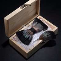Cravate,nœud papillon en cuir, fait à la main, plume de paon, broche, pin, ensemble cadeau pour fête de mariage - Y43[D369009]