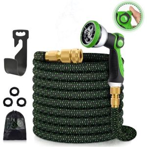 Nettoyage arrosage 15m/50ft, NOIR Tuyau d'arrosage Rétractable Antigel avec Vanne d'arrêt Buse de Pistolet à 8 Fonctions avec Raccord de 3/4 et 1/2 en Laiton Support de Tuyau-pour Jardin 