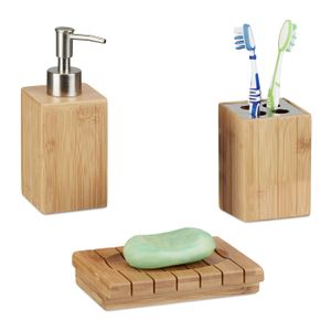 DISTRIBUTEUR DE SAVON Relaxdays Accessoires salle de bain bambou Set 3 p