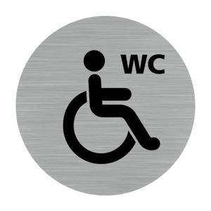 WC - TOILETTES Pictogramme WC Handicapé et PMR (Q0183) Diamètre 76 mm Adhésif Aspect Aluminium Brossé