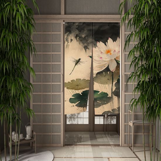 Rideau Japonais Noren Motif Chat Et Libellule - Séparateur De Porte Peinture à L'Encre, Décoration Maison