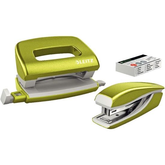 Leitz WOW Set Mini-Agrafeuse + Mini-Perforateur Vert Métallisé – Agrafe Jusqu’à 10 Feuilles + Perforation 4 Trous – Avec 1000 Agrafes