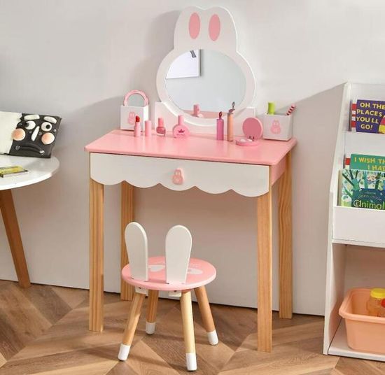 LIFEZEAL Coiffeuse pour Enfant avec Tabouret, 3 Miroirs et Tiroir, Table de Maquillage en Bois pour Tout-Petits Filles, Table de Cosmétique Enfant