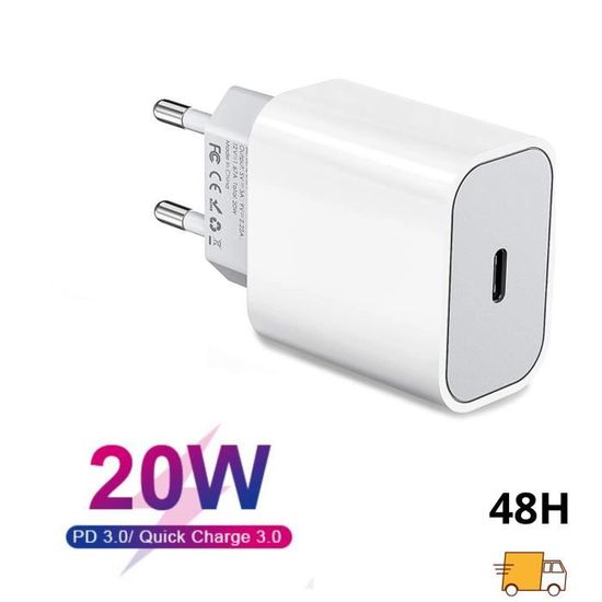 Chargeur USB-C 20W Rapide - Adaptateur Secteur Compact PD 3.0, Compatible IPhone, Smartphones, Tablettes