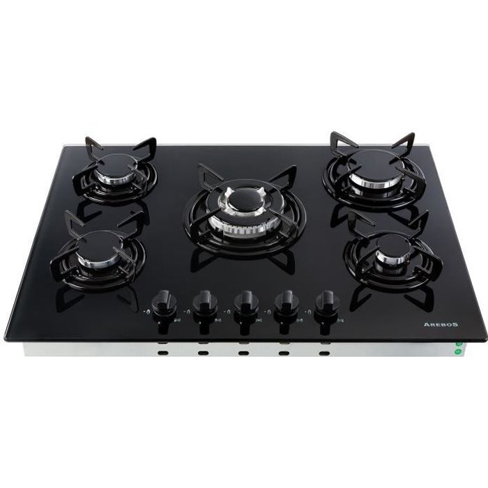 AREBOS Table de Cuisson à Gaz - Inox - 5 Brûleur - 70 cm - Verre