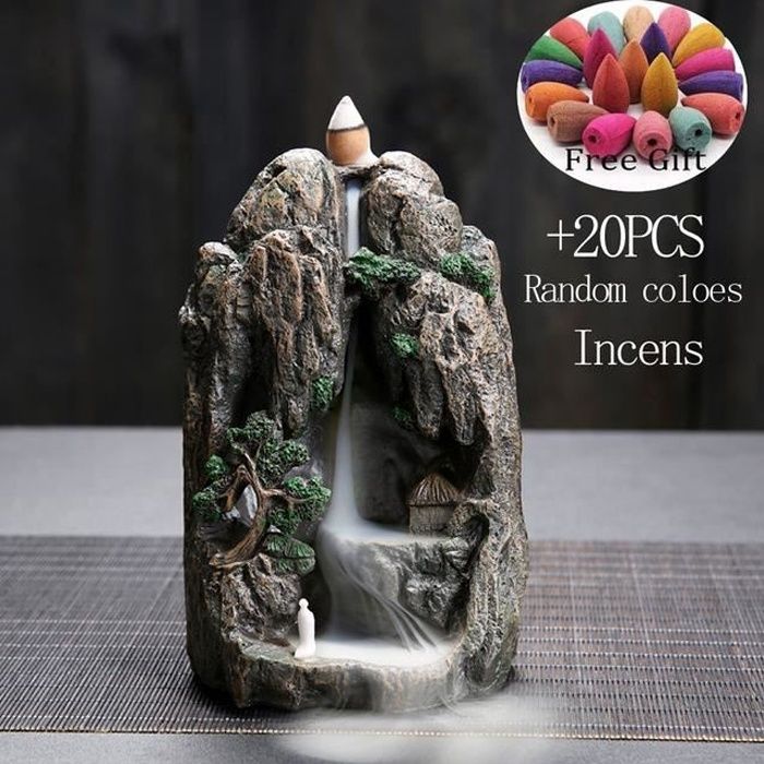 Brûleur d'encens en cascade de montagnes et de rivière, fontaine à reflux