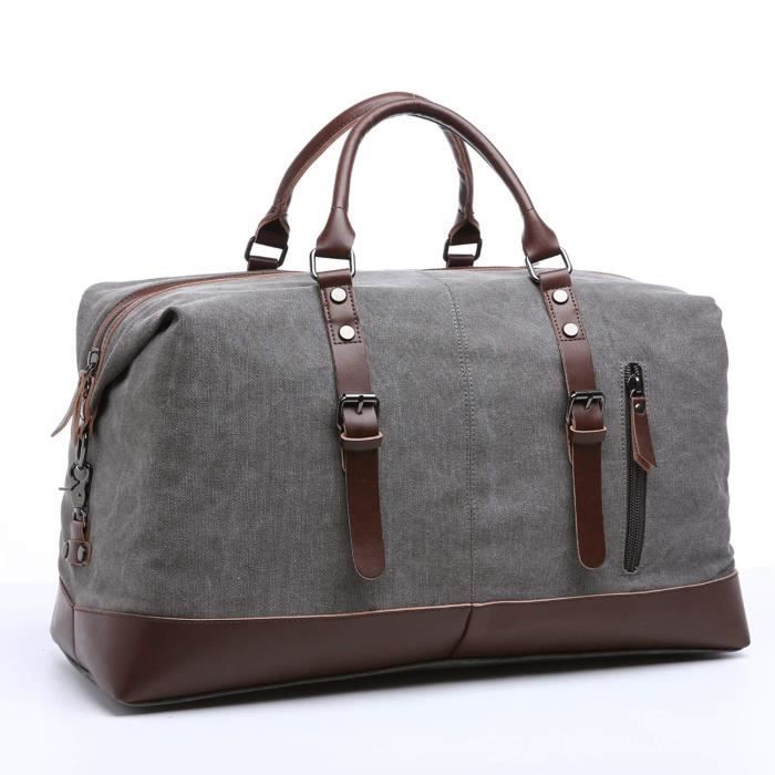 Toile Voyage Sac PU Cuir Vintage Voyage Sac Week-end Sport Sacs Gym Camping Randonnée Femme Homme Bandoulière Sac
