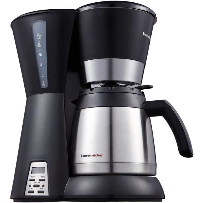 Bonsenkitchen Cafetière Programmable Thermique 10 Tasses, Cafetiere Electrique Isotherme Avec Filtre, Thermos en Acier Inoxydable, I
