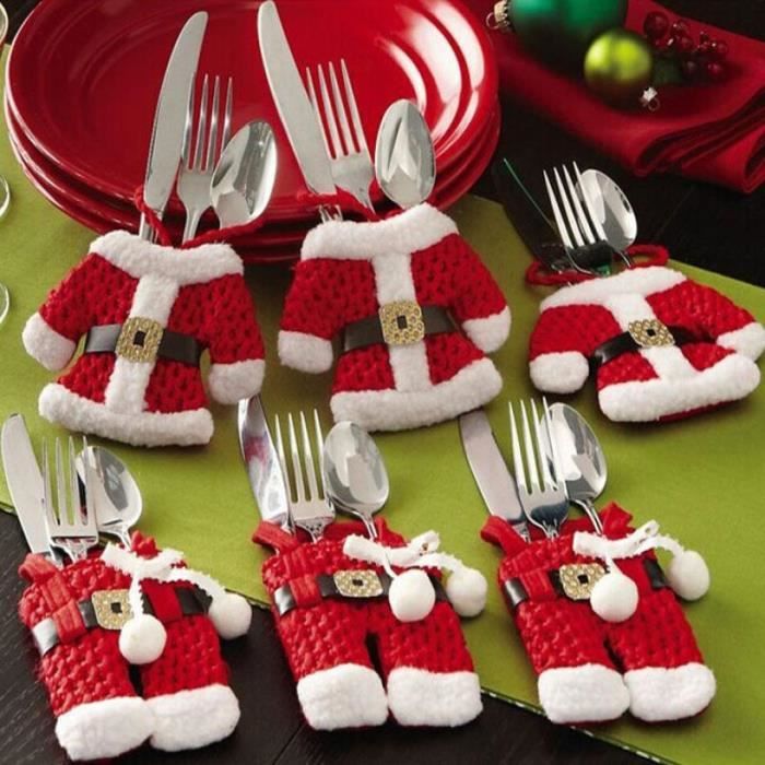 Chaussettes de noel,Couverts en argenterie décor de Table de noël 6 pièces,costume de père noël de poche poches à vaisselle,sac