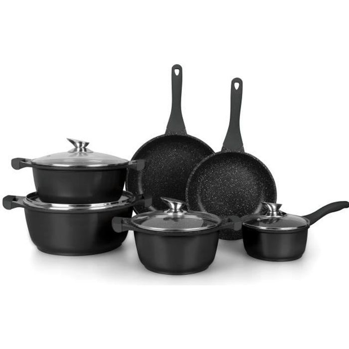 Haut Gamme Batterie Cuisine Induction Tous Types Feux Cuisson Revêtement Marbre AntiAdhesif 10 Pièces Noir