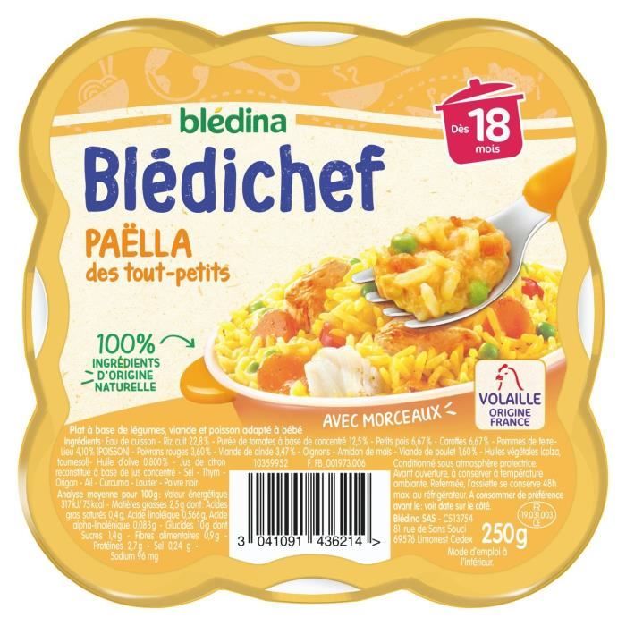 LOT DE 9 - BLEDINA Blédichef Paëlla des tout-petits - Plat bébé - Dès 18 mois - Coupelle de 250g