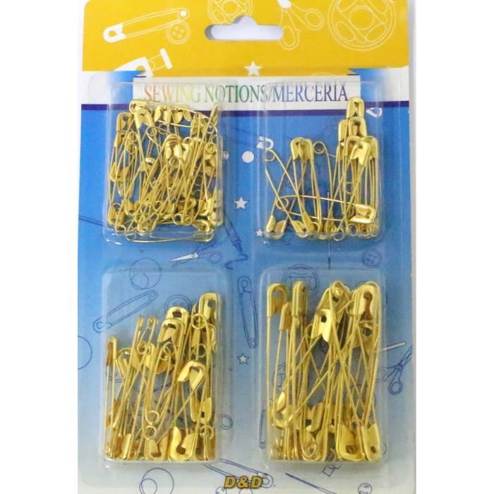 Paquet d'environs 80 pcs - épingle à nourrice doré - plusieurs tailles assorties - sous blister
