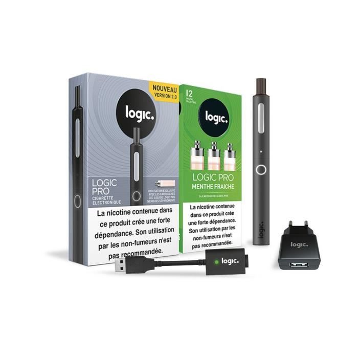 Logic PRO - Cigarette électronique Noir + 3 cartouches Menthe Fraiche 12 mg + Chargeur USB et mural