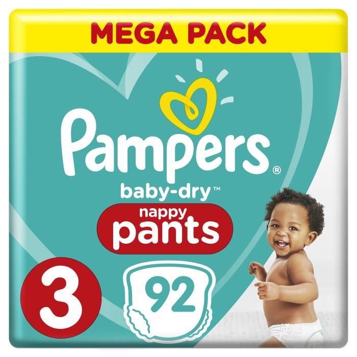Pampers Baby-Dry Pants Taille 3, 6 à 11 kg, 92 Couches-Culottes - Mega Pack