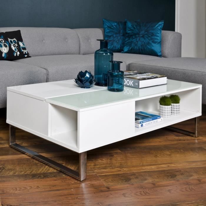 Table basse / Table de salon - KOSTRENA - 110x60 cm - blanc - style contemporain - plateau relevable - élément en verre trempé