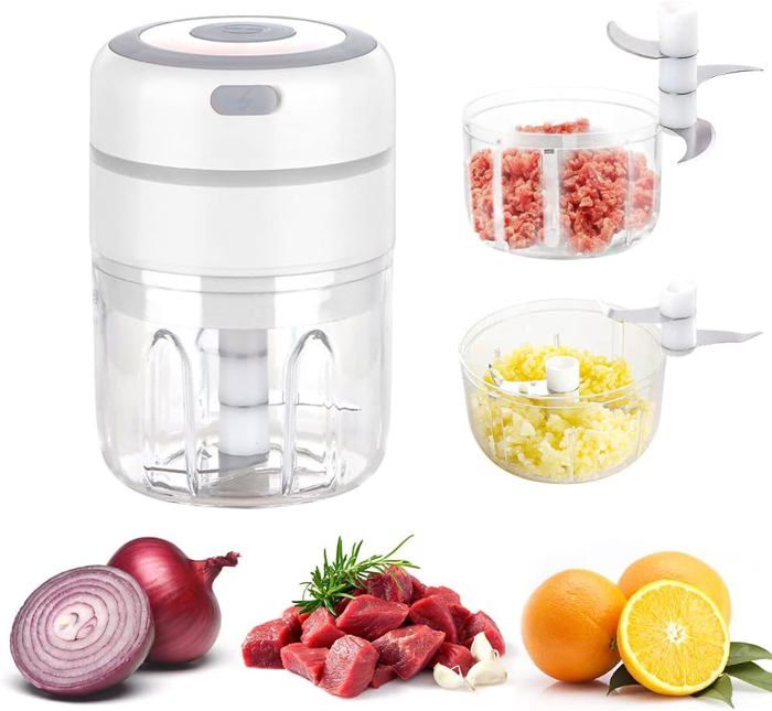Mini électrique Hachoir à Oignons avec 2 Tasses Multi Mixeur Electrique de Cuisine Hachoir 250ML+100ML USB Rechargeable - Ynkkvre